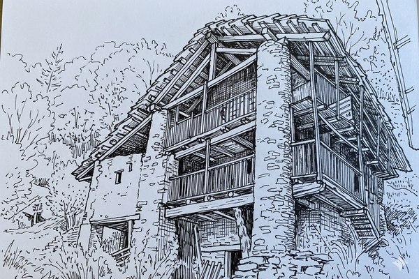 Casa tradizionale con pilastri tondi - illustrazione